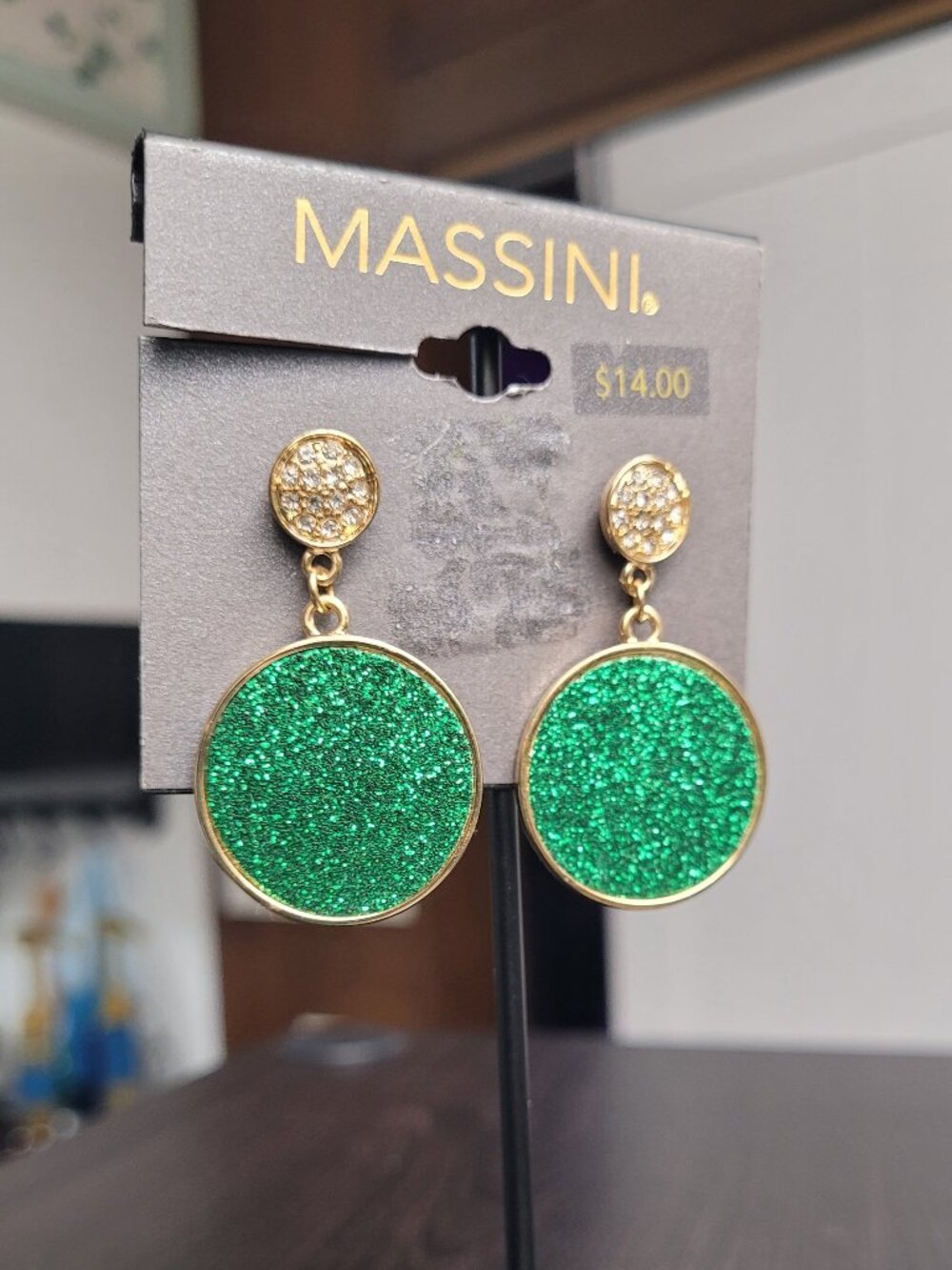 Gold/green glittery earrings with rhinestones NWT - Picture 3 of 11